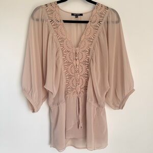 Boho Lace Chiffon Angelic Tunic Blouse Balloon Sleeve Tie Front Sheer Romantic M